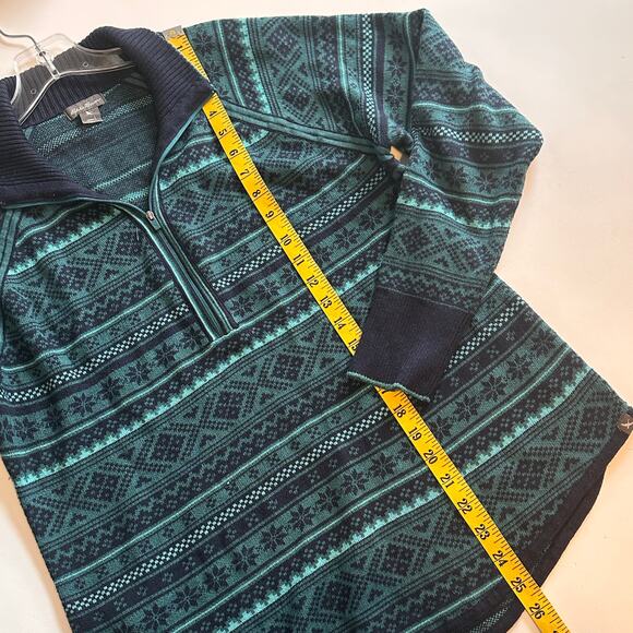 Eddie Bauer 1/4 Zip Fair Isle Sweater Womens Large Navy Teal Snowflake Nordic - Picture 8 of 8